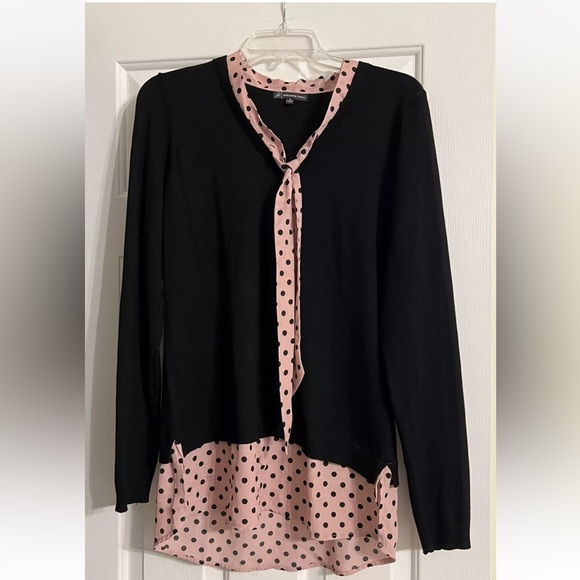 Adrianna Papell Sweater Top Women’s Medium Pink Black Polka Dot Knit Career Top - Picture 2 of 13